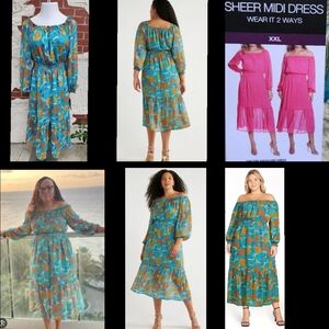 New XXL women SOFIA VERGARA floral chiffon smocked waist sheer long sleeve dress